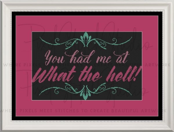 You Had Me At What The Hell! Cross Stitch Pattern - White Frame, Black Fabric, Alternate Colors