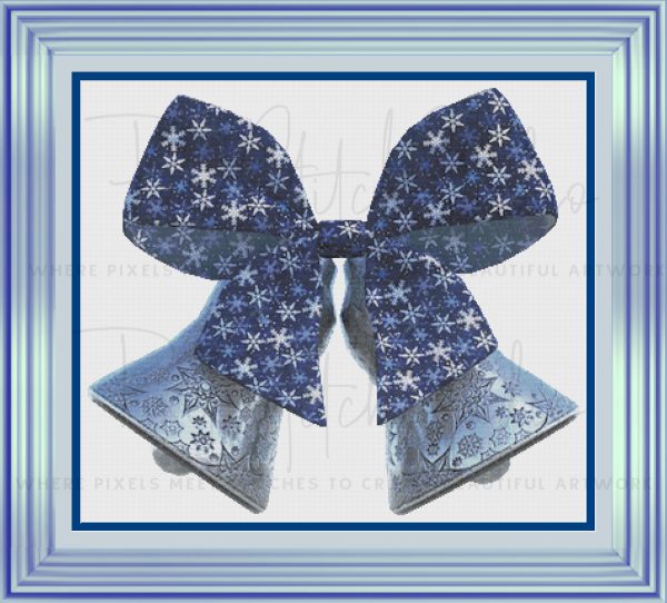 Silver Bells Cross Stitch Pattern - Blue Frame, White Fabric